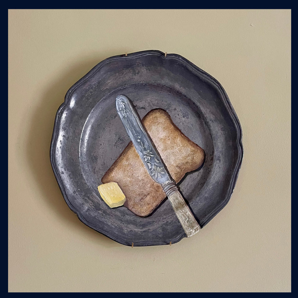 Plated: original fine art oil painting on an antique pewter plate - antique butter knife, bread & butter