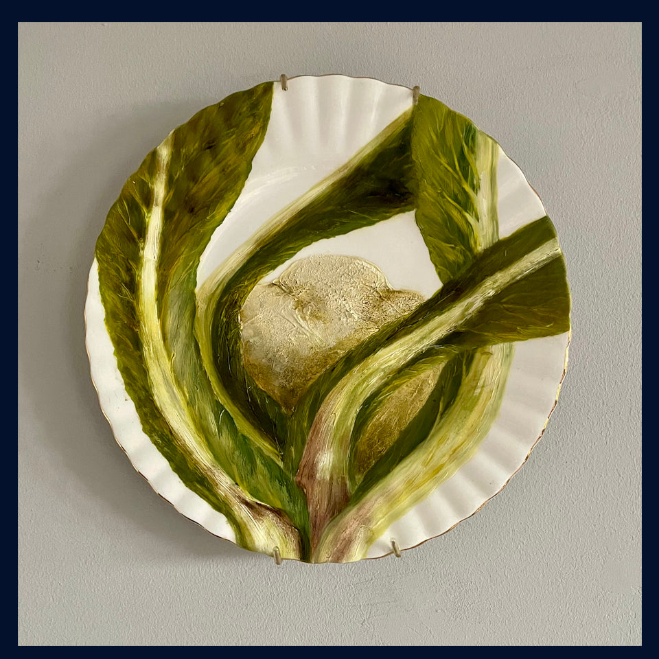 Plated: original fine art oil painting on a vintage plate - cauliflower
