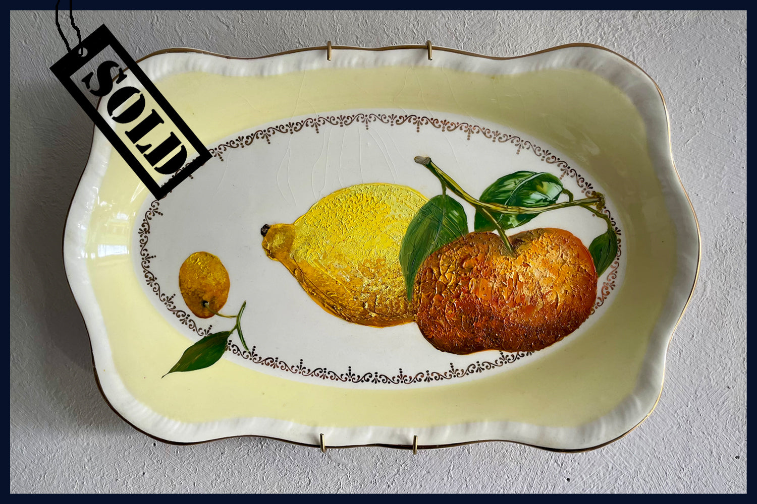 SOLD Plated: original fine art oil painting on a vintage Alfred Meakin sandwich dish - citrus medley