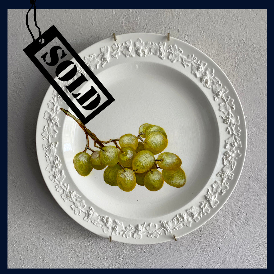 SOLD Plated: original fine art oil painting on a vintage  plate - green grapes