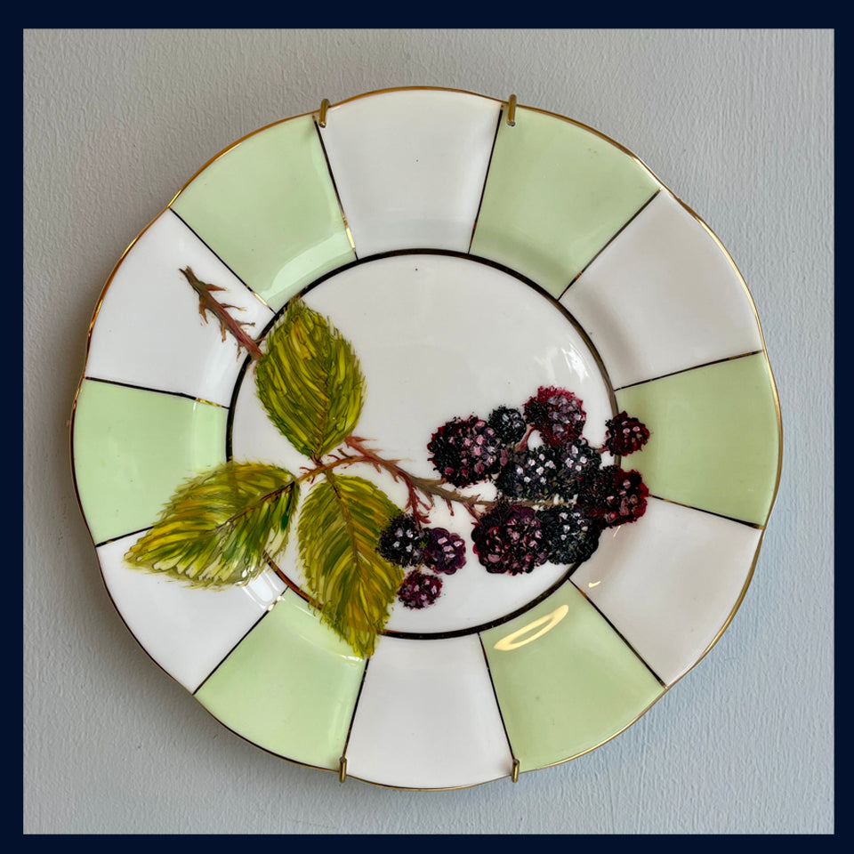 Plated: original fine art oil painting on a vintage tea plate - blackberry spray