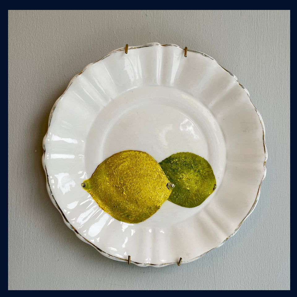Plated: original fine art oil painting on a vintage tea plate - lemon and lime
