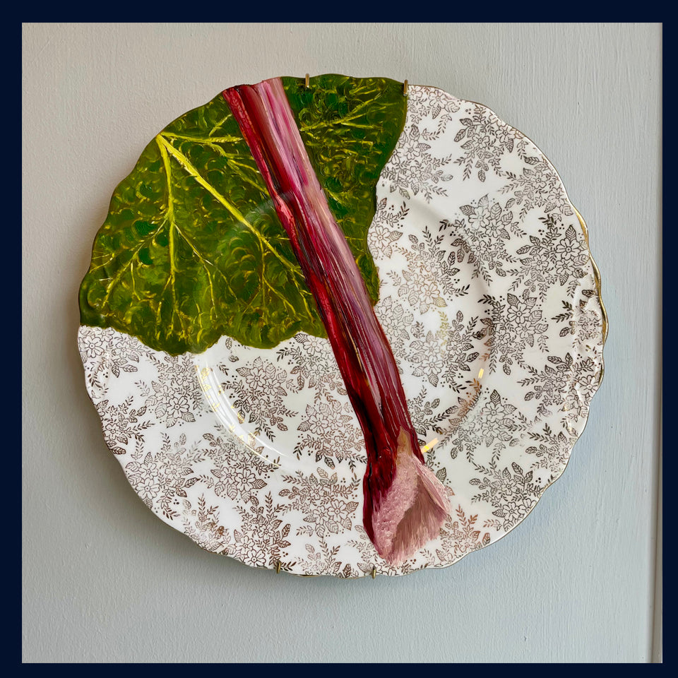 Plated: original fine art oil painting on a vintage cake plate - rhubarb
