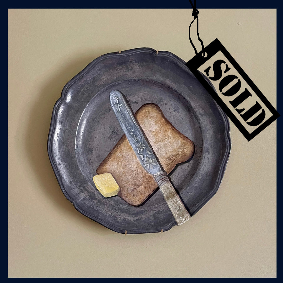 SOLD Plated: original fine art oil painting on an antique pewter plate - antique butter knife, bread & butter