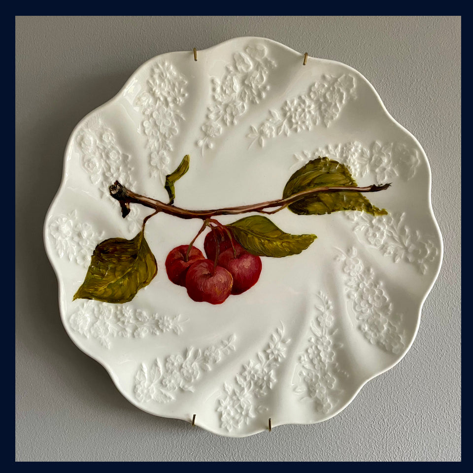 Plated: original fine art oil painting on an antique Coalport salad plate - crab apple spray