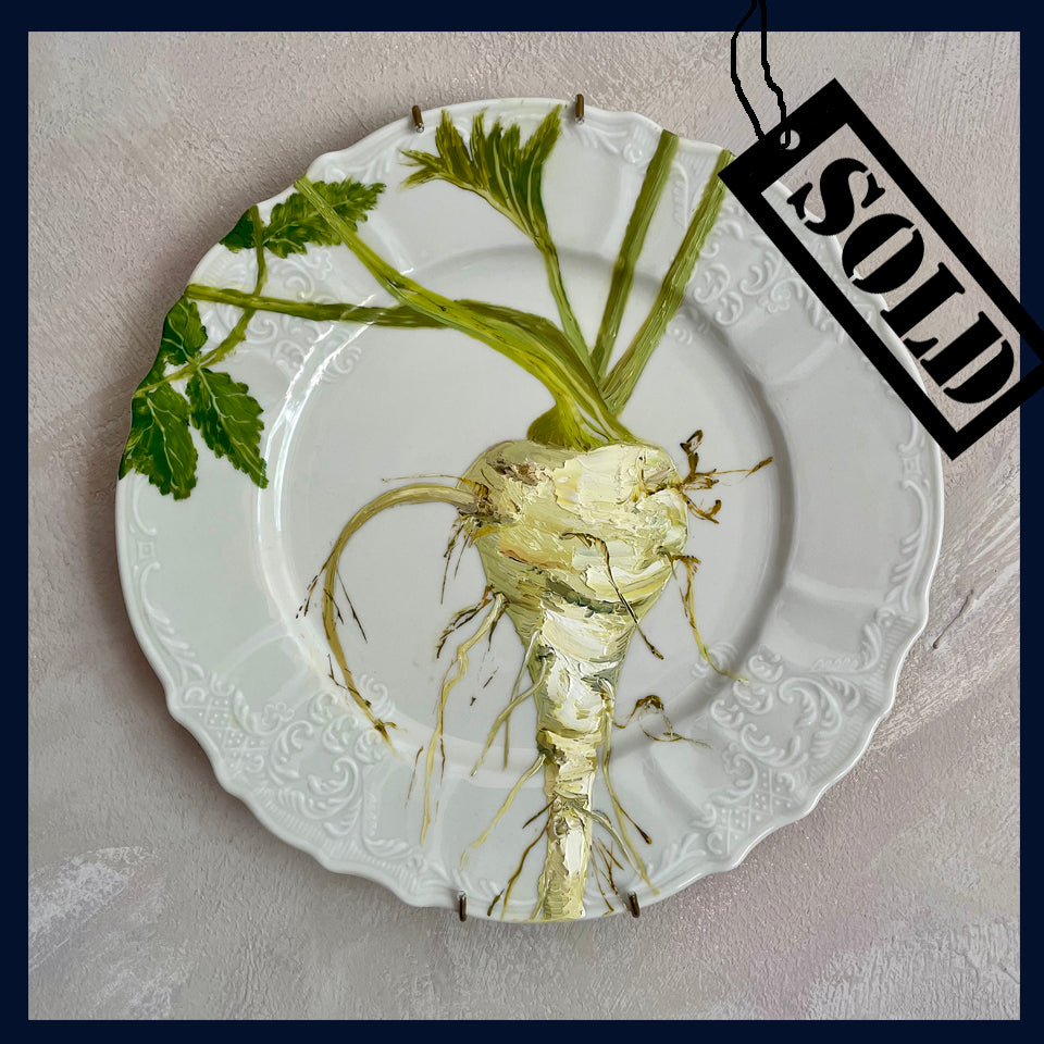 SOLD Plated: original fine art oil painting on a vintage plate - Parsnip