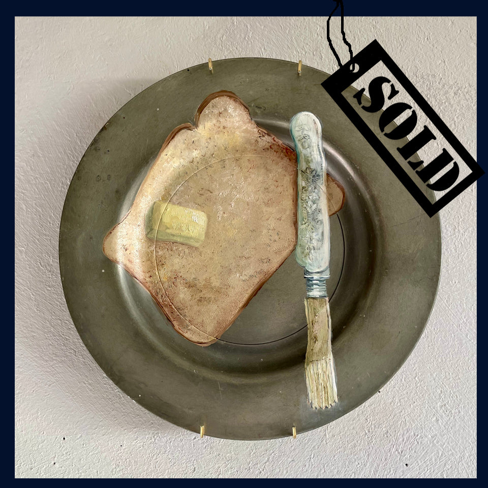 SOLD Plated: original fine art oil painting on an antique pewter plate - antique butter knife, bread & butter