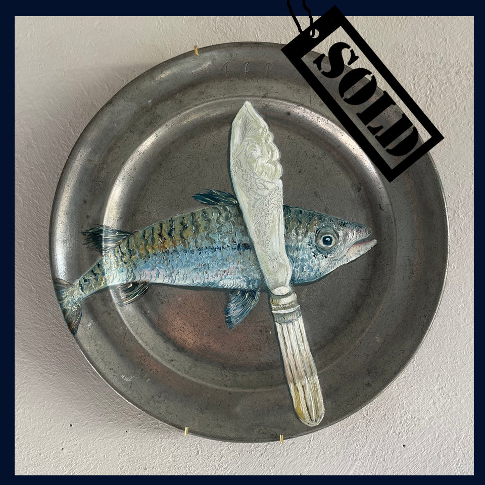SOLD Plated: original fine art oil painting on an antique pewter plate - antique fish knife & mackerel