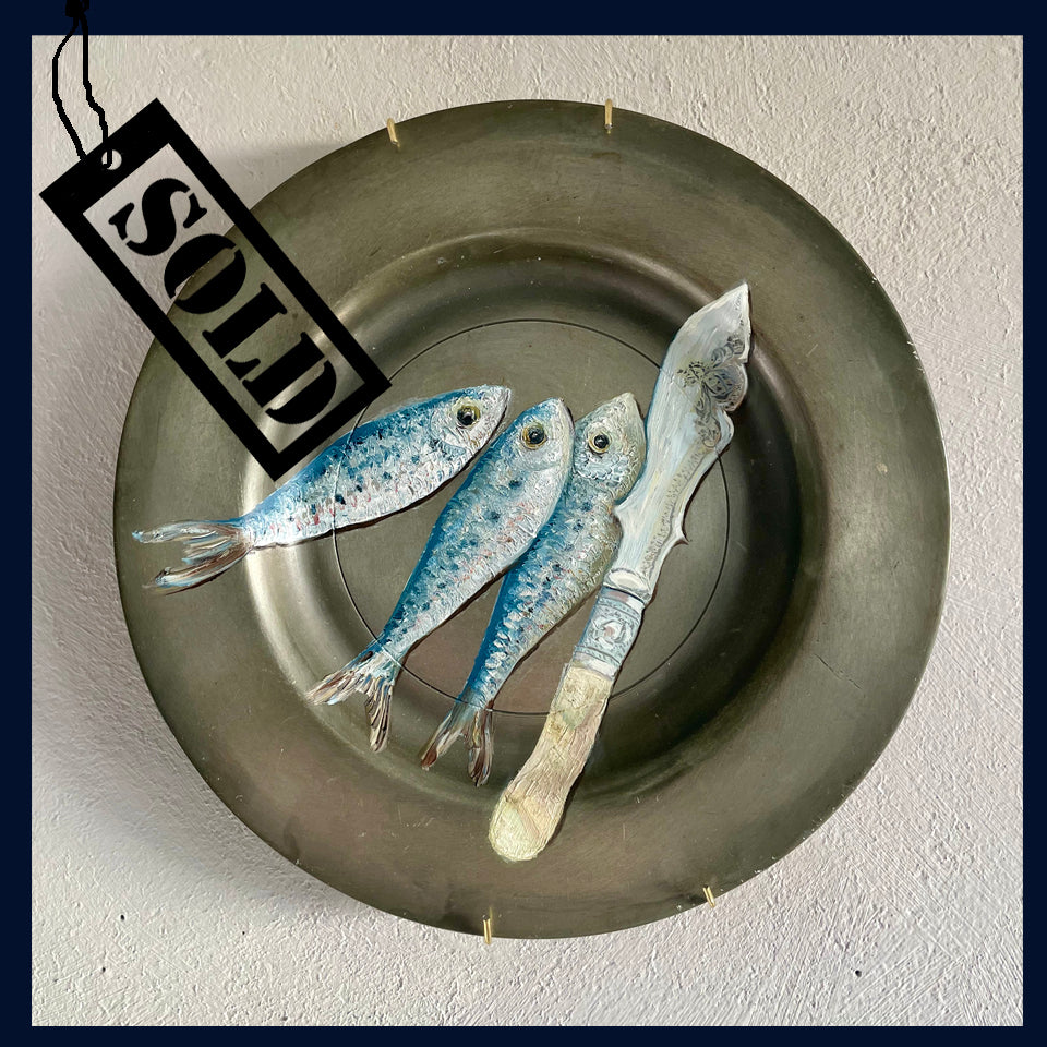 SOLD Plated: original fine art oil painting on an antique pewter plate - antique fish knife & 3 sardines