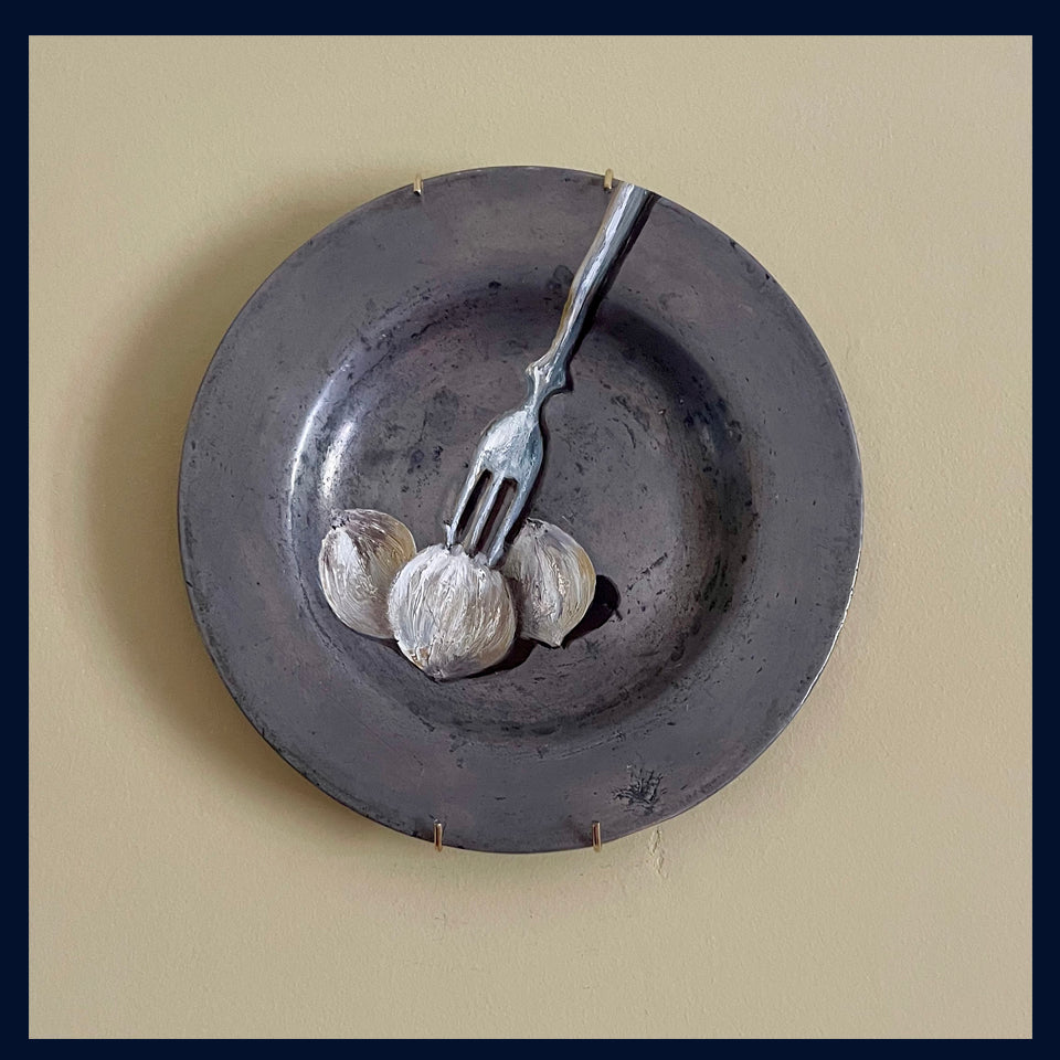 Plated: original fine art oil painting on an antique pewter plate - pickled onions with antique pickle fork