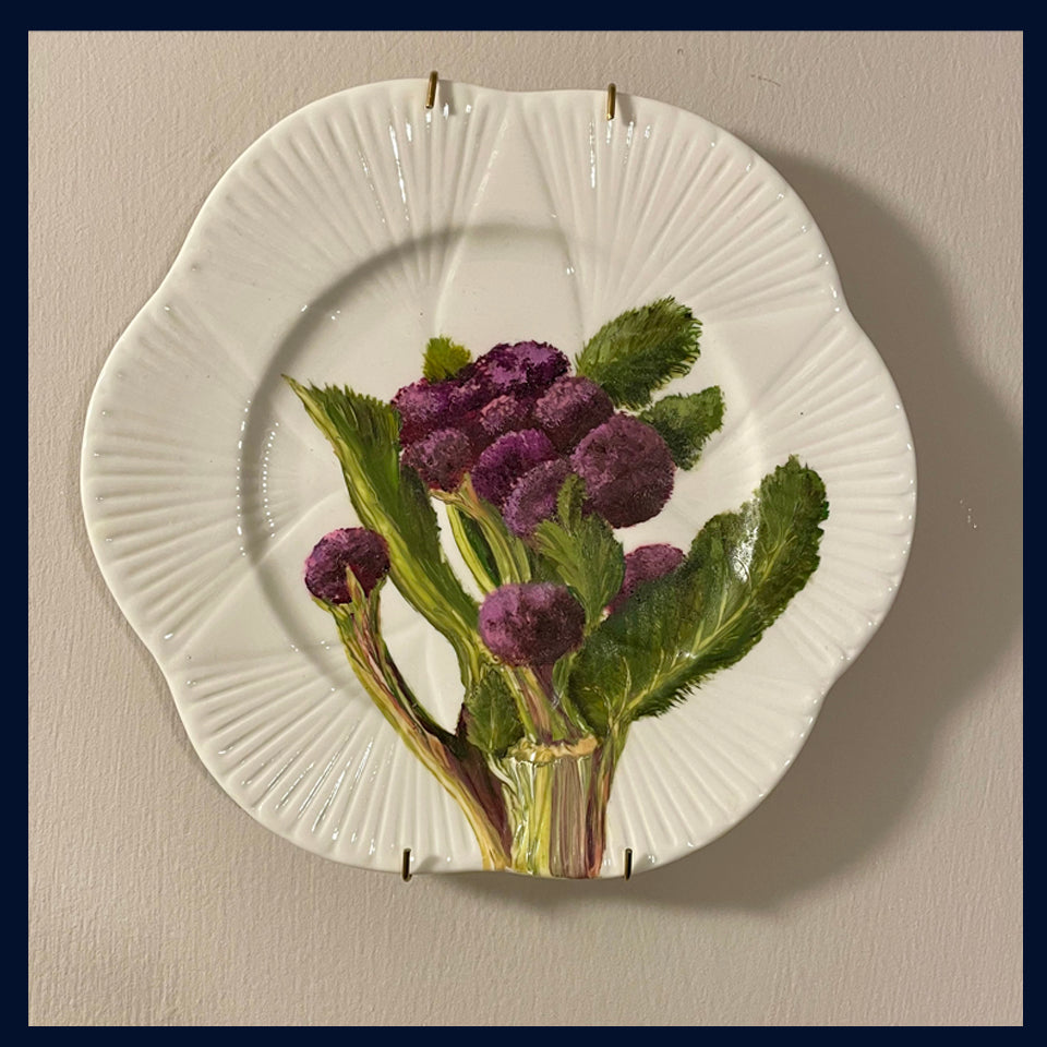 Plated: original fine art oil painting on an antique tea plate - purple sprouting broccoli