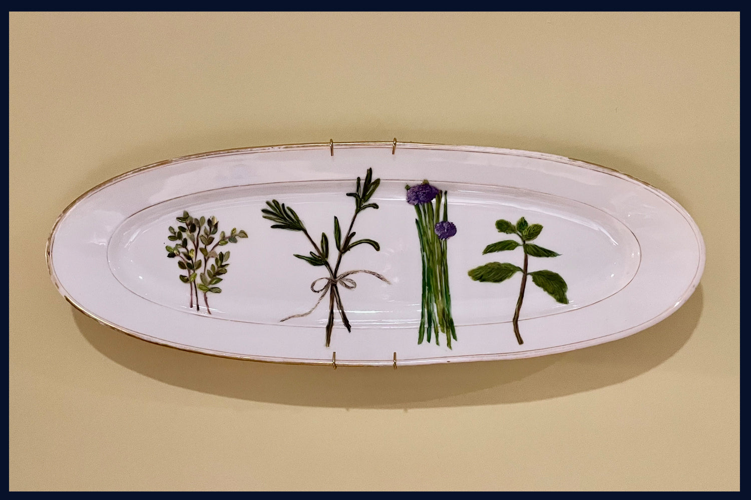 Plated: original fine art oil painting on an antique French fish plate - herbs
