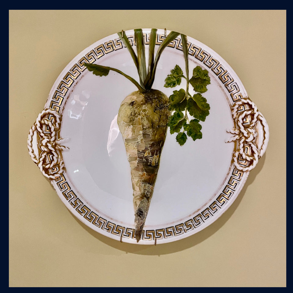 Plated: original fine art oil painting on an 1868 cake plate - parsnip