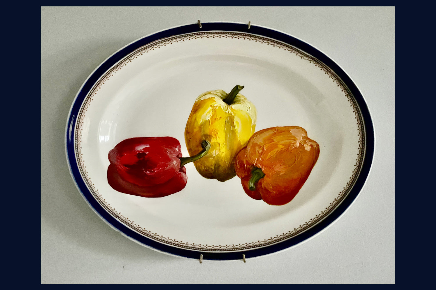 Plated: original fine art oil painting on a vintage plate - 3 peppers