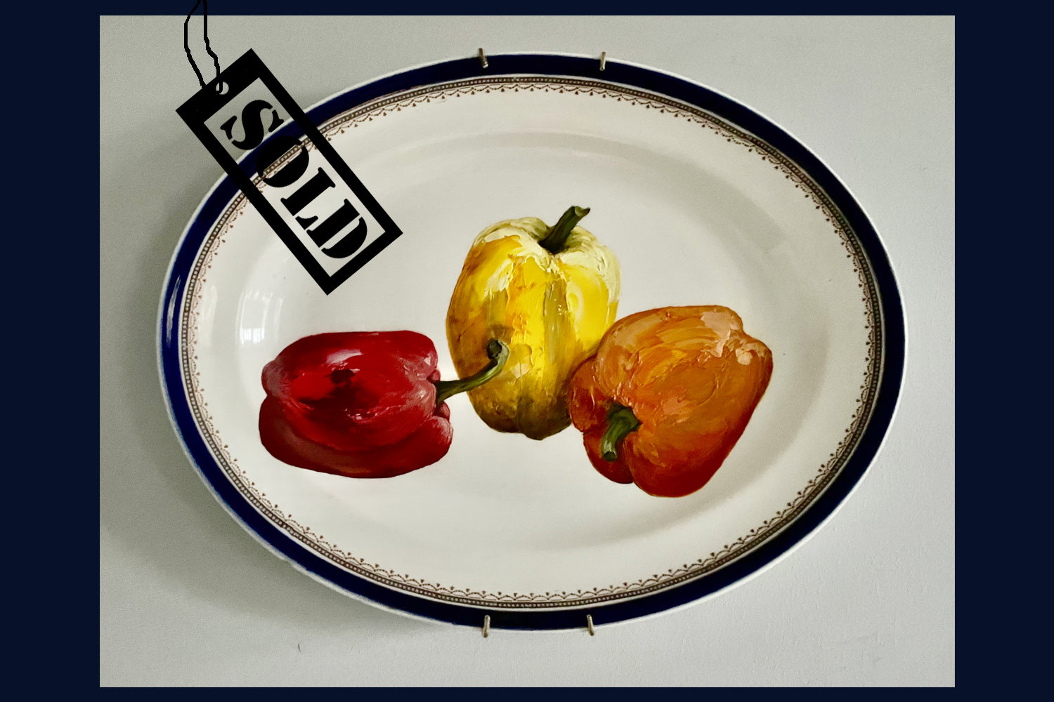 SOLD art oil painting on a vintage plate - 3 peppers