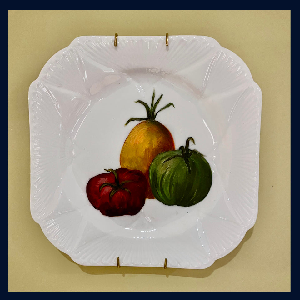 Plated: original fine art oil painting on an antique tea plate - 3 French heritage tomatoes