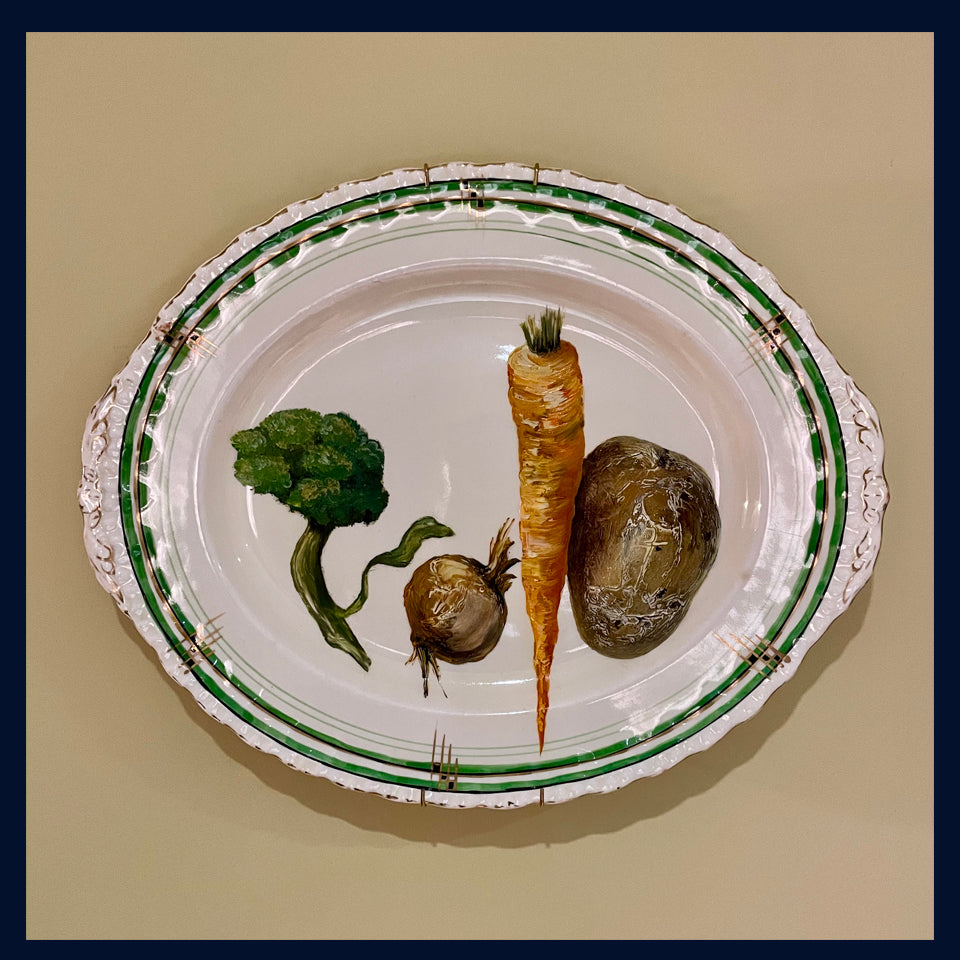 Plated: original fine art oil painting on an Art Deco platter - vegetables