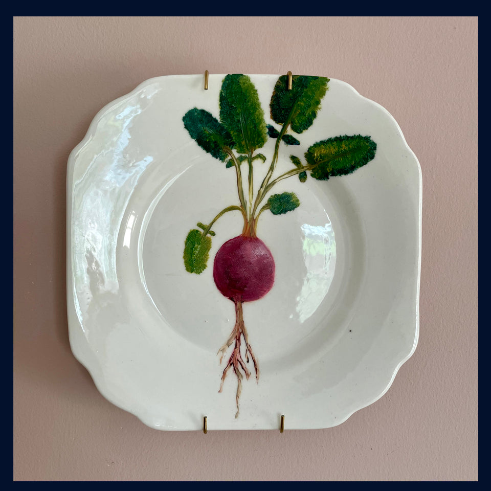 Plated: original fine art oil painting on a vintage tea plate - radish