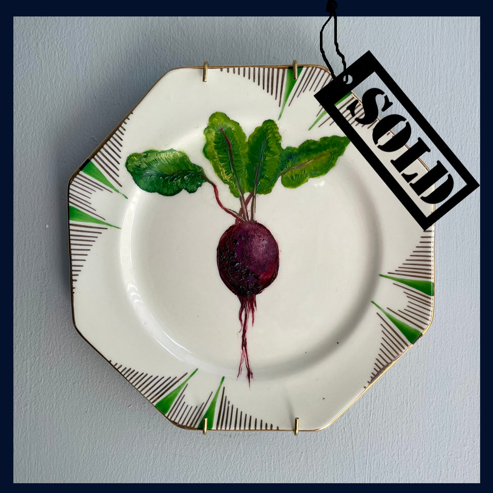SOLD Plated: original fine art oil painting on an antique plate - radish