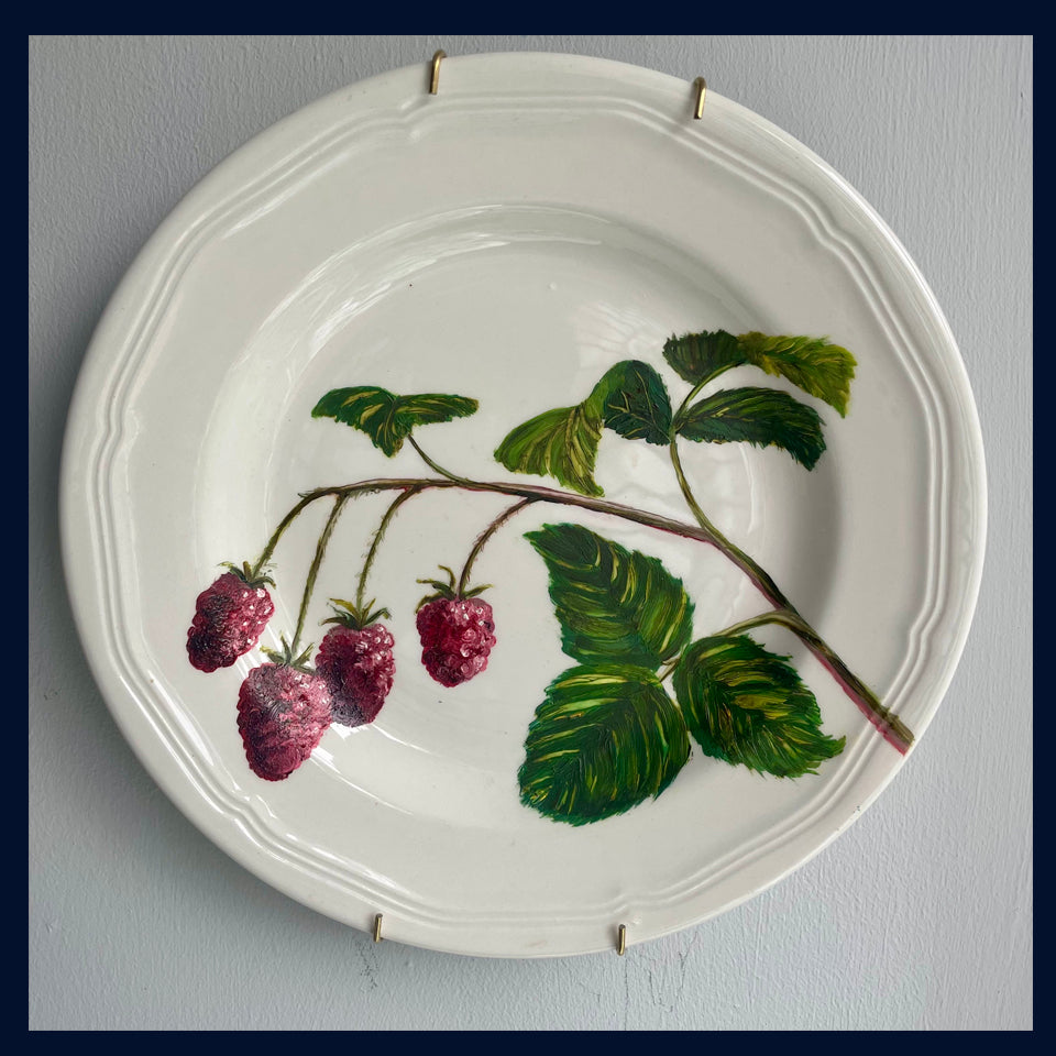 Plated: original fine art oil painting on an antique salad plate - raspberry spray
