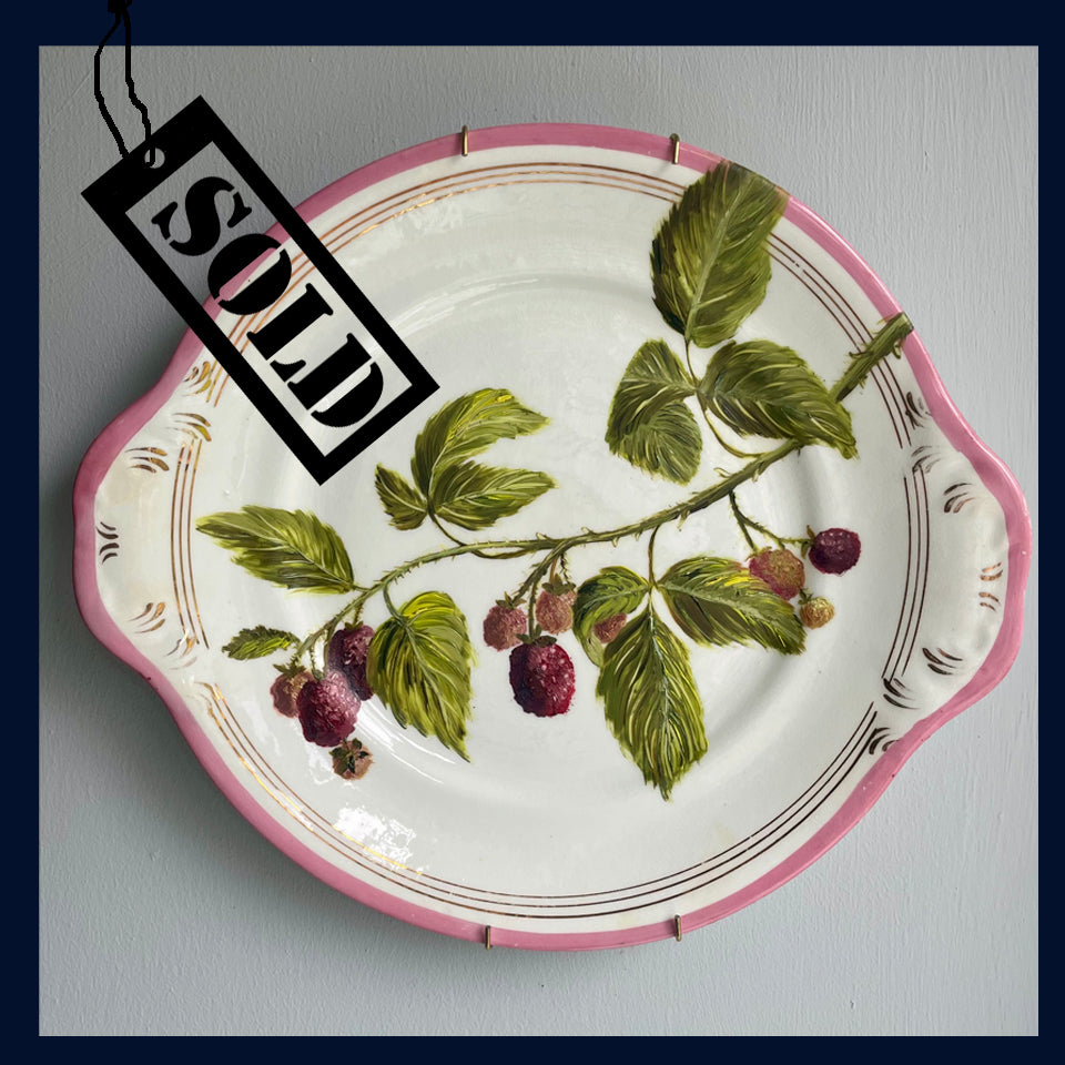 SOLD Plated: original fine art oil painting on a vintage cake plate - raspberry spray