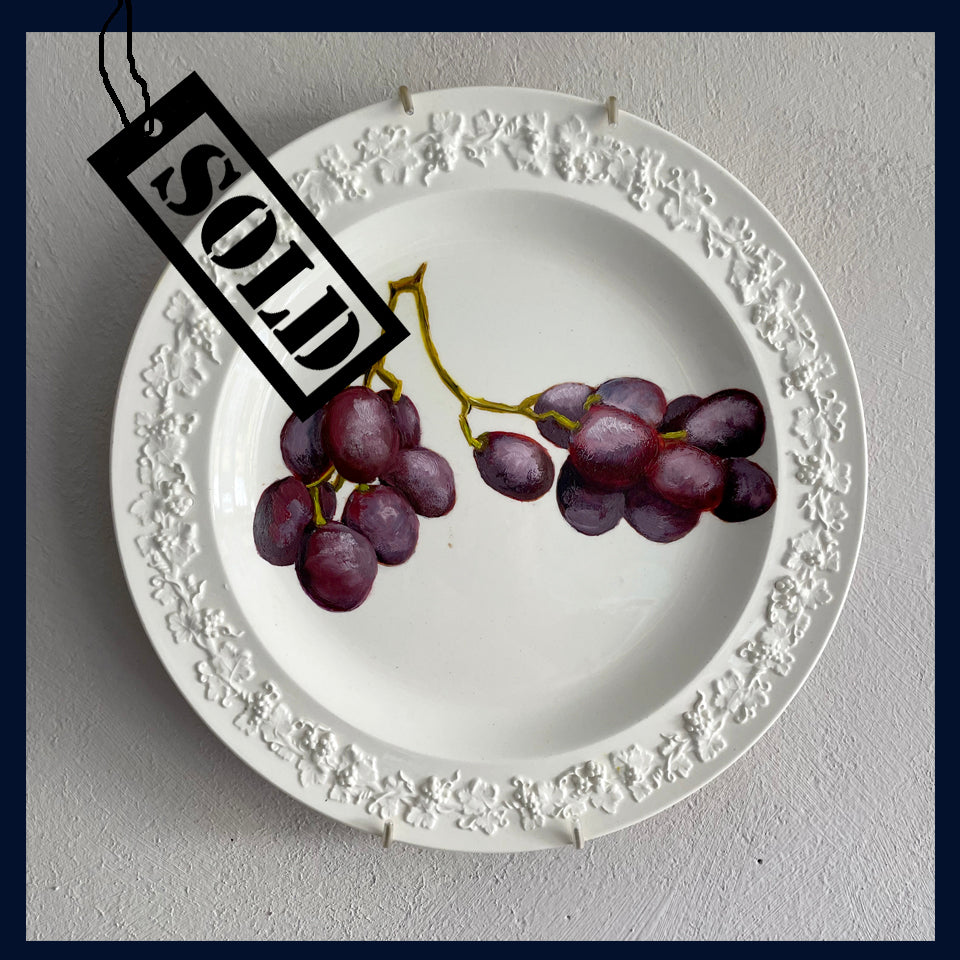 SOLD - Plated: original fine art oil painting on a vintage  plate - red grapes