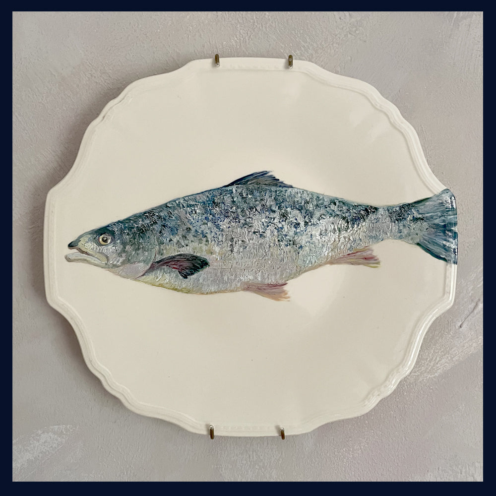 Plated: original fine art oil painting on a vintage plate - salmon fish