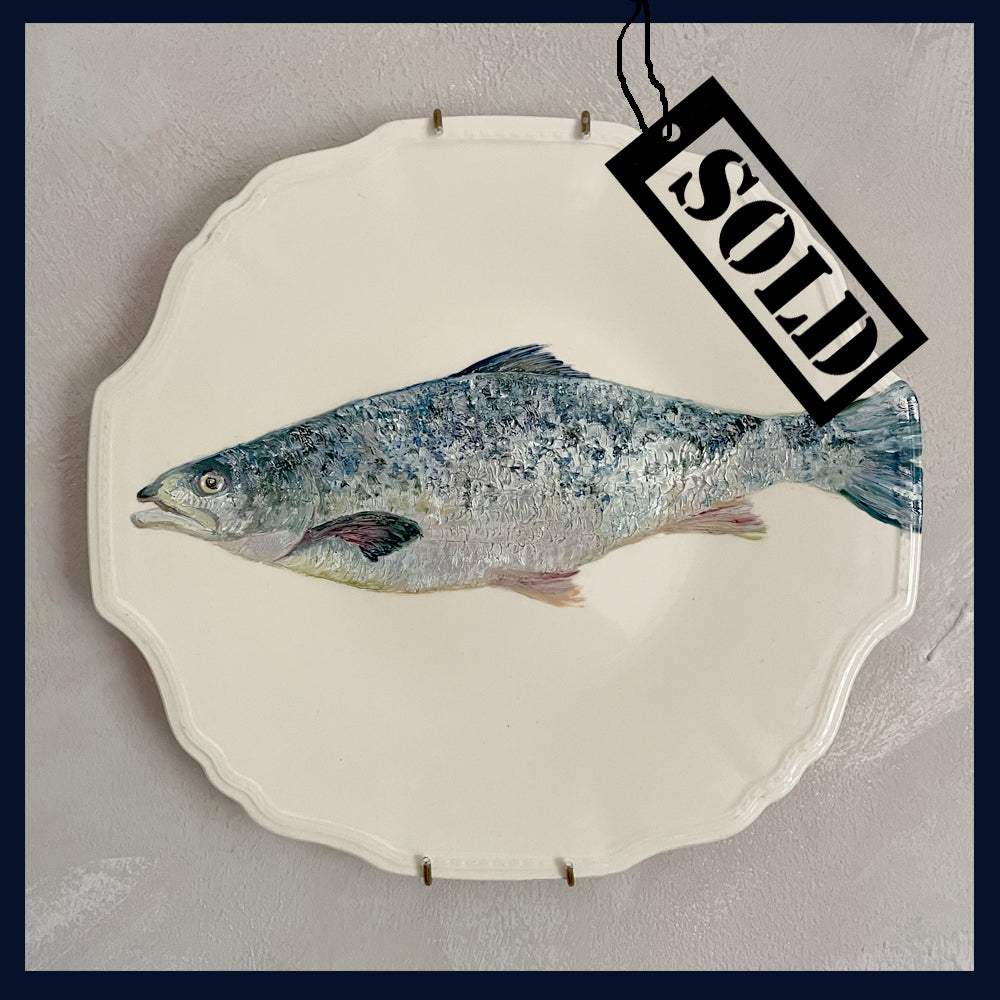 SOLD Plated: original fine art oil painting on a vintage plate - salmon fish