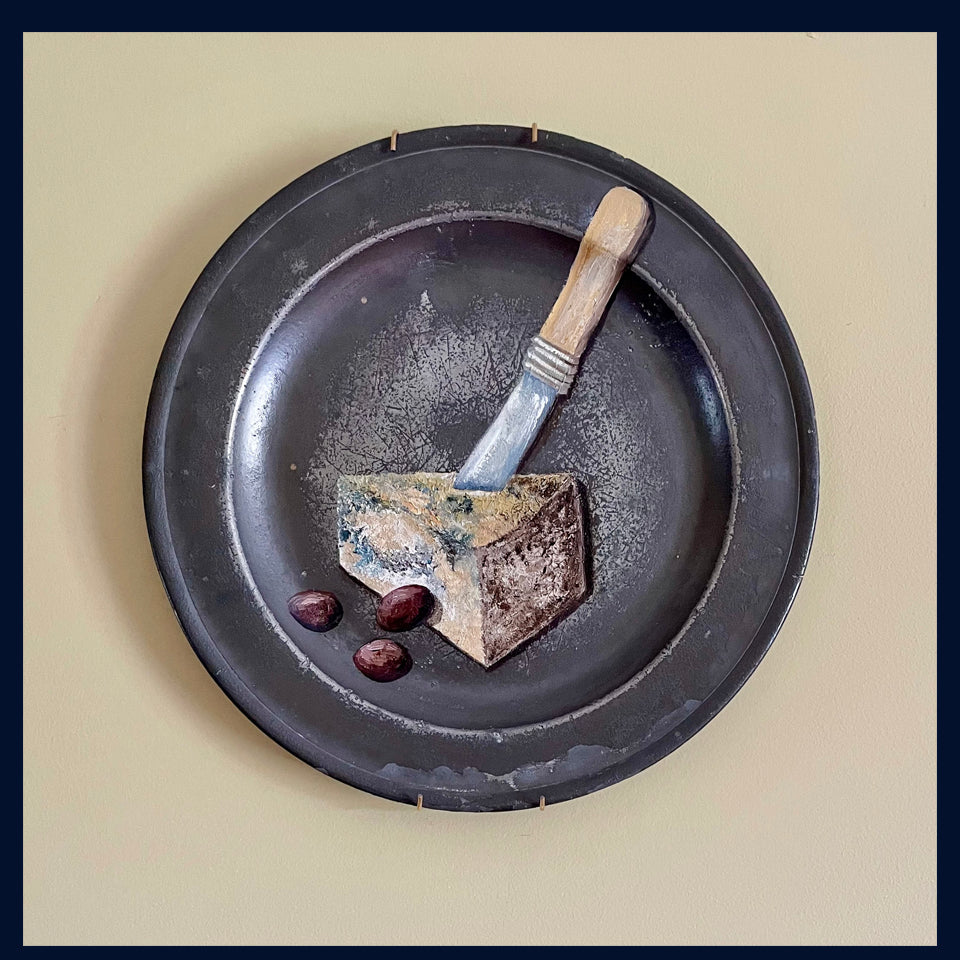 Plated: original fine art oil painting on an antique pewter plate - stilton cheese, vintage cheese knife and olives