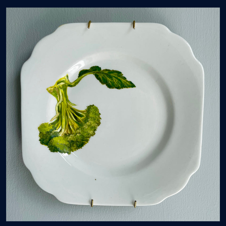 Plated: original fine art oil painting on a vintage tea plate - broccoli