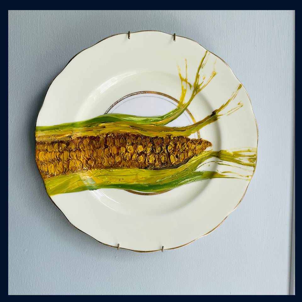 Plated: original fine art oil painting on a vintage Colclough salad plate - corn on the cob