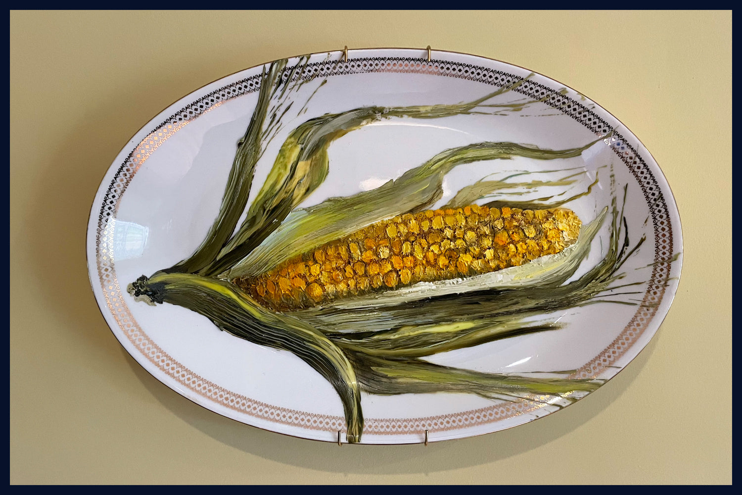 Plated: original fine art oil painting on a vintage Bavarian platter - corn on the cob