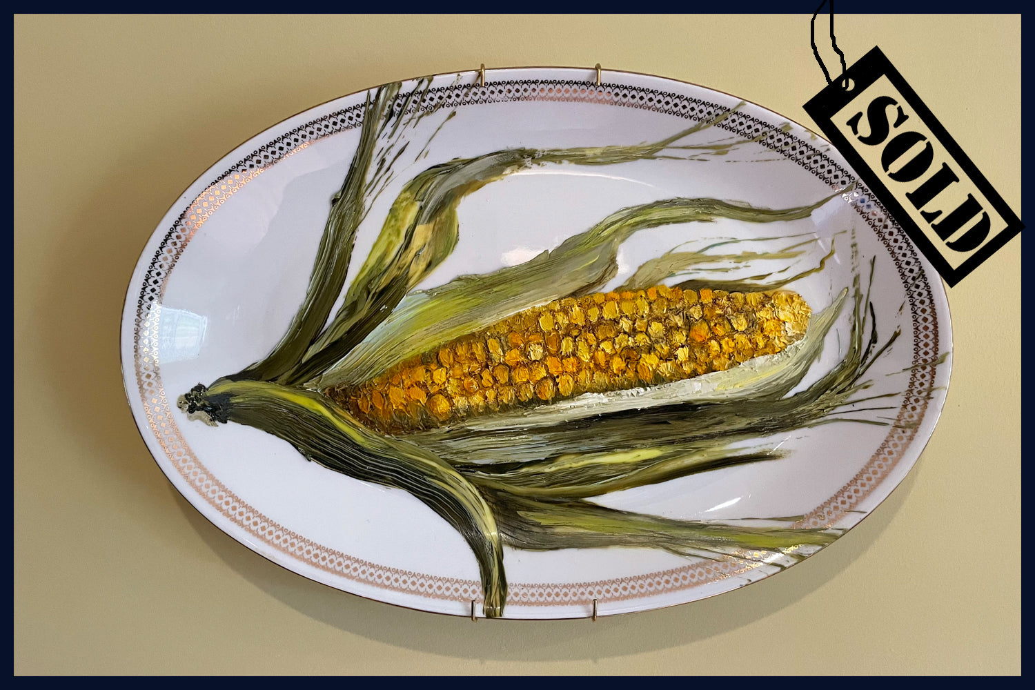 SOLD Original oil painting on vintage Bavarian platter - corn on the cob