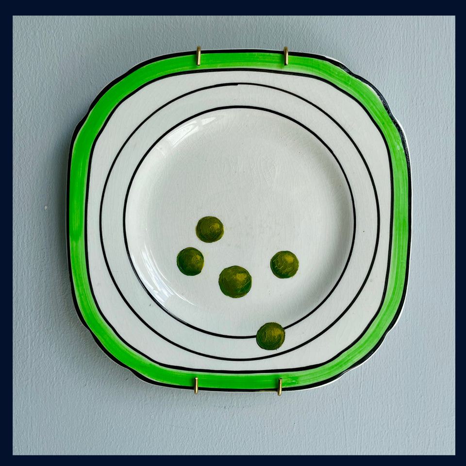 Plated: original fine art oil painting on a 1940s tea plate - 5 peas