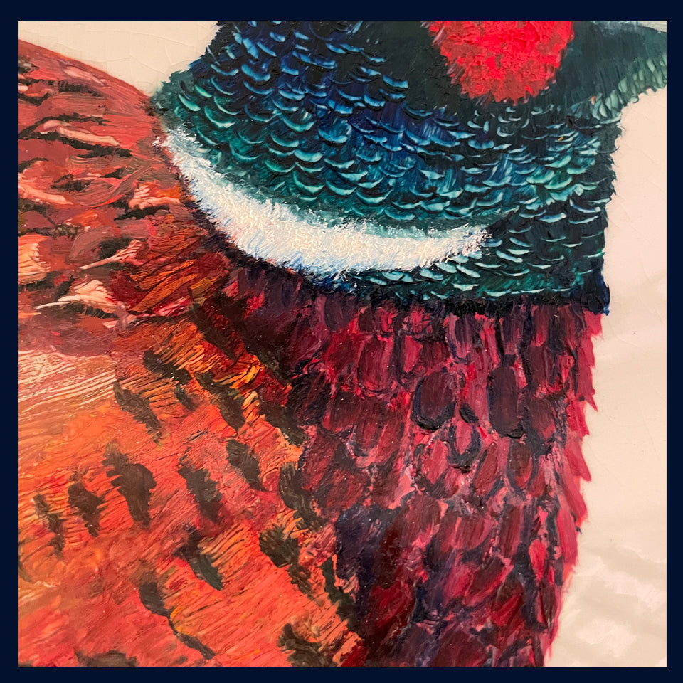 SOLD - Plated: original fine art oil painting on an old platter - Pheasant