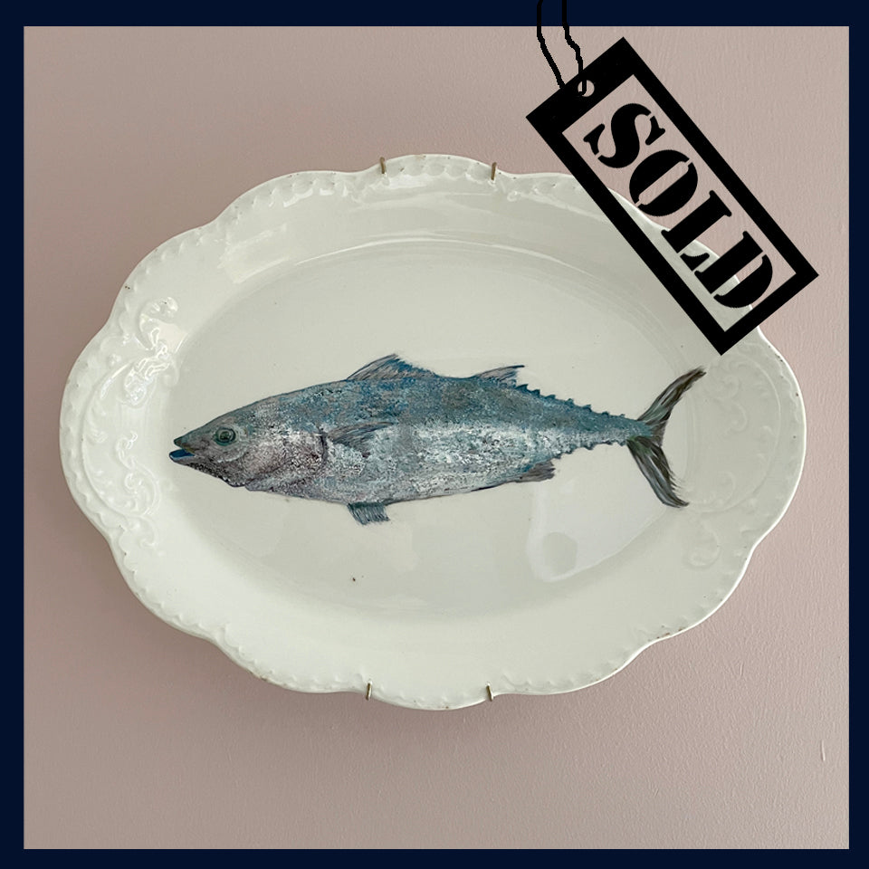 SOLD Plated: original fine art oil painting on a vintage plate - Tuna fish