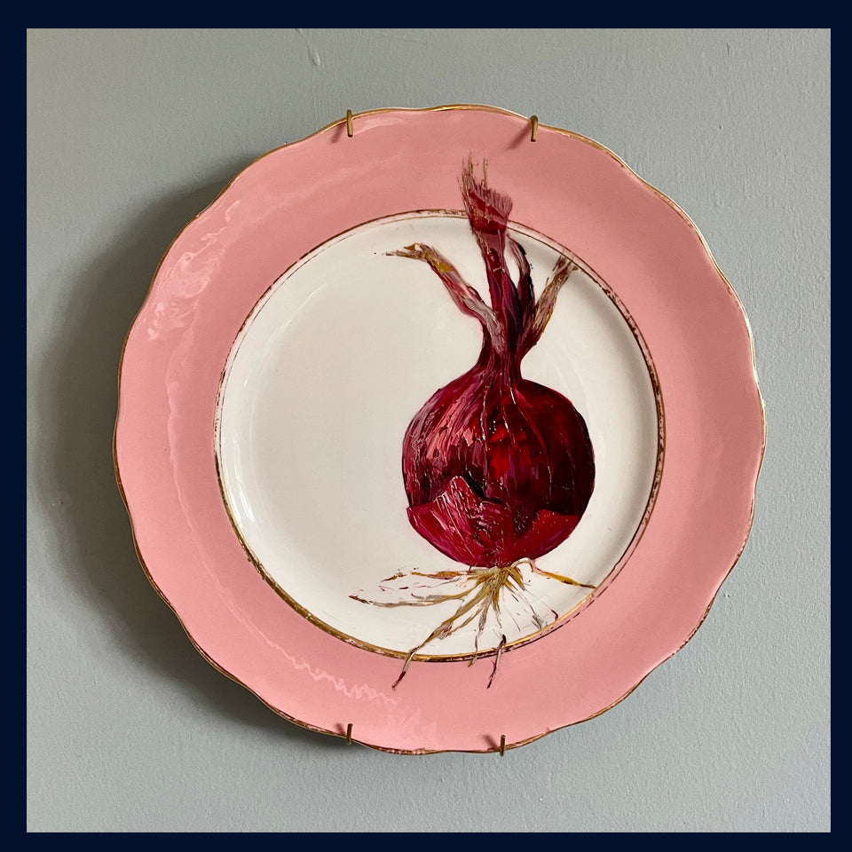 Plated: original fine art oil painting on a pink vintage Colclough salad plate - red onion
