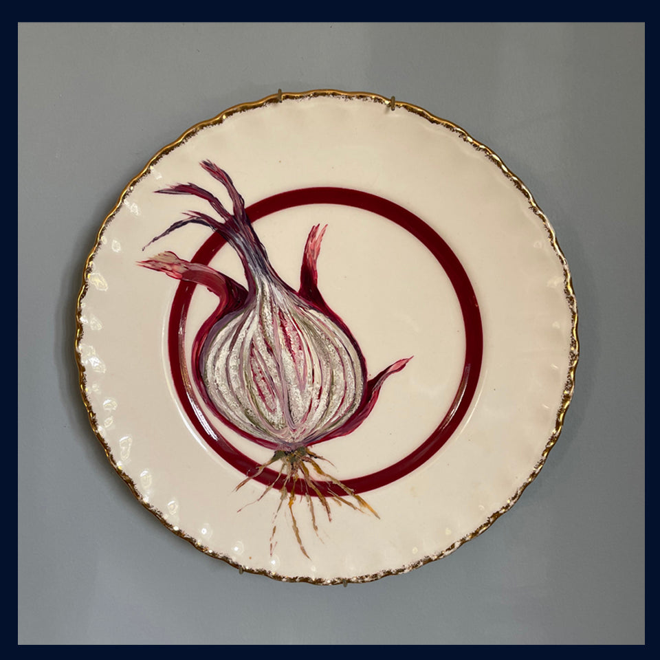 Original oil painting on vintage plate - cut red onion