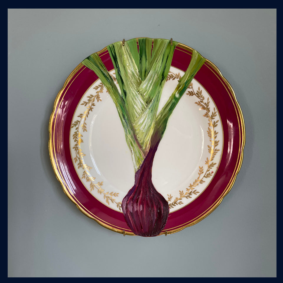 Original oil painting on a vintage plate - red spring onion