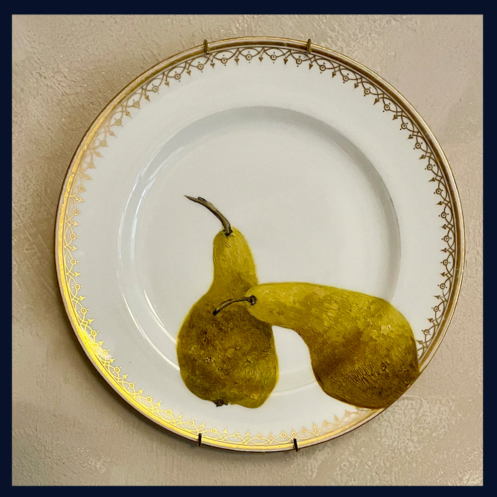 Plated: original fine art oil painting on an antique plate - pair of pears