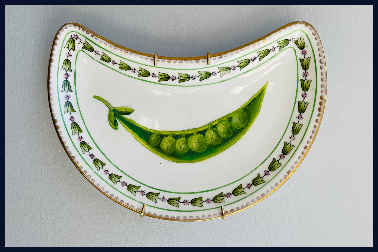 Plated: original fine art oil painting on an antique side plate - pea pod