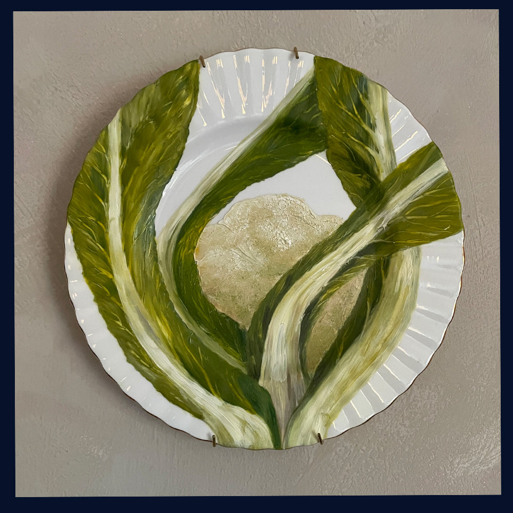 Plated: original fine art oil painting on a vintage plate - cauliflower