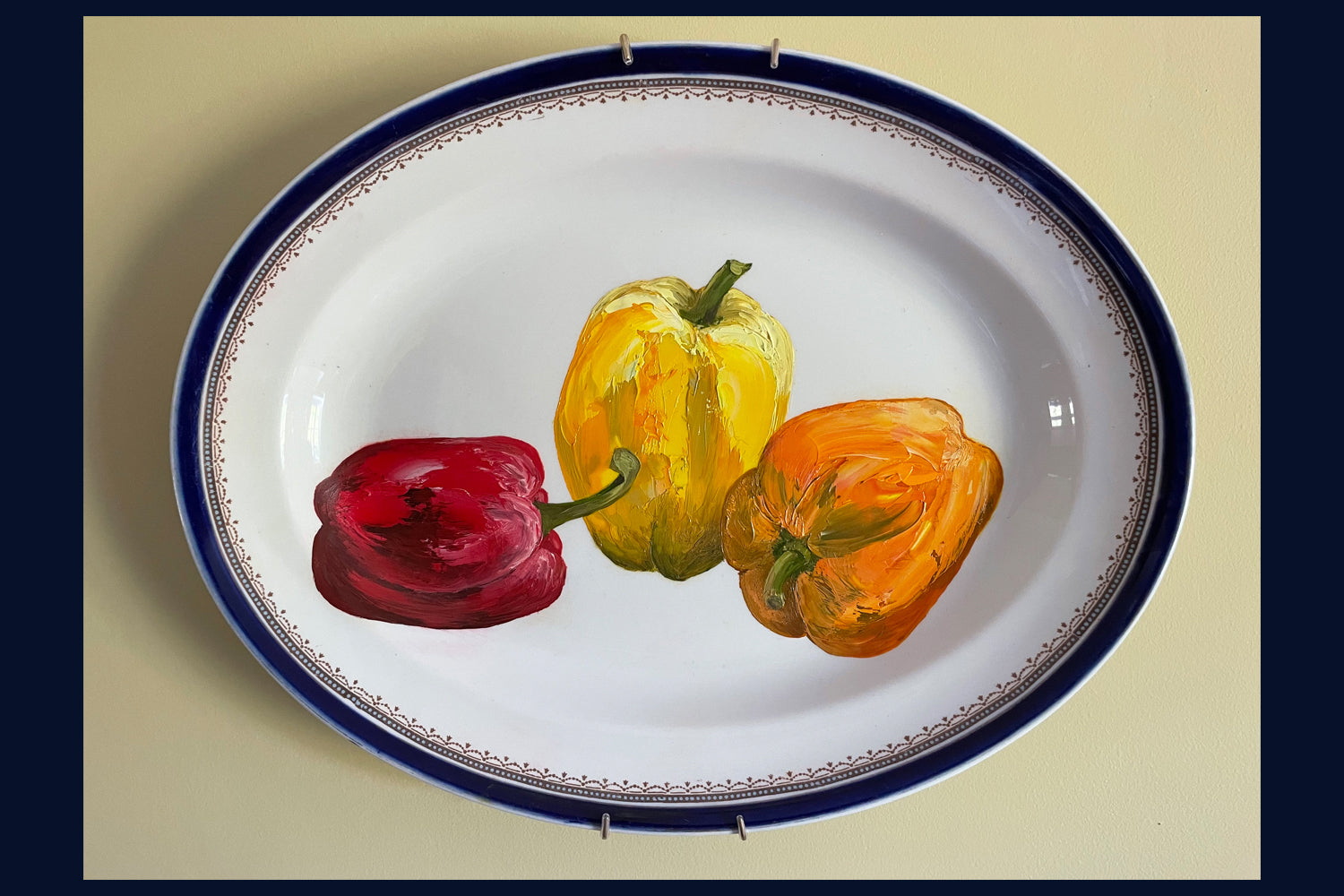 Plated: original fine art oil painting on a vintage plate - 3 peppers