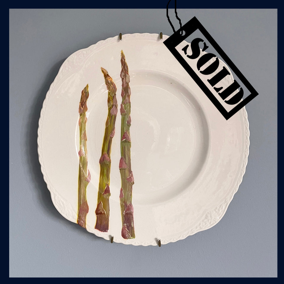 SOLD Plated: original fine art oil painting on a vintage plate - Asparagus