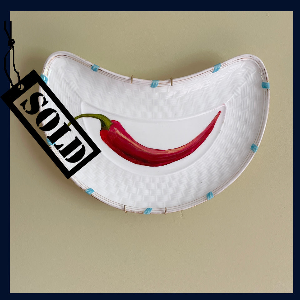 SOLD Plated: original fine art oil painting on an antique Brown-Westhead & Moore side plate - red chilli