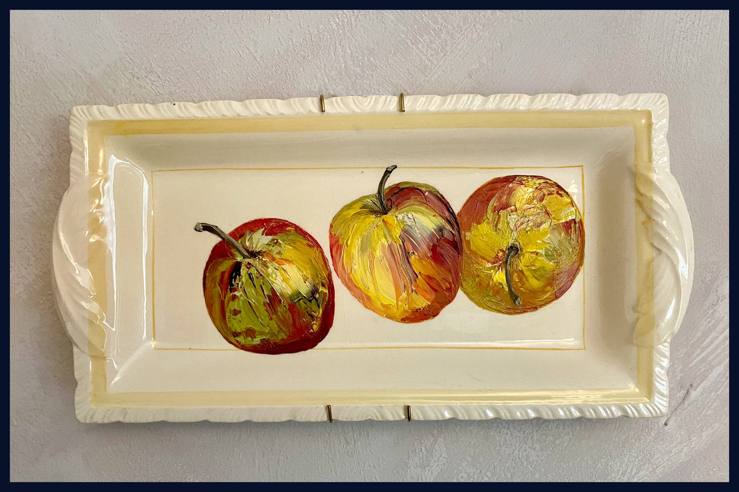 Plated: original fine art oil painting on a 1930s sandwich plate - 3 apples