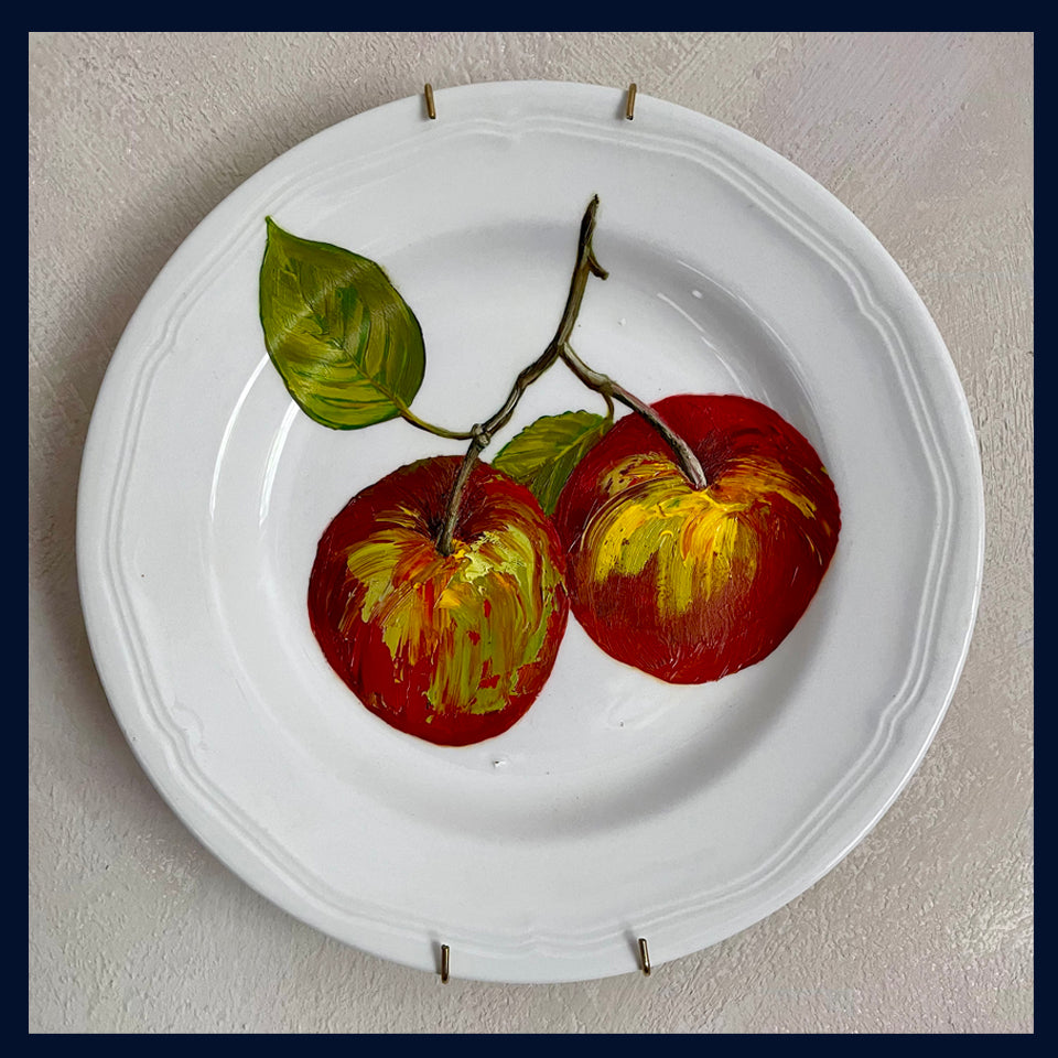 Plated: original fine art oil painting on a vintage plate - Apples
