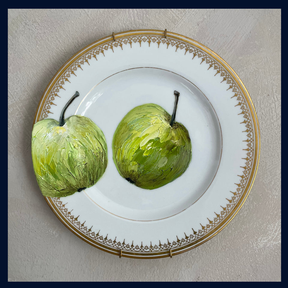 Plated: original fine art oil painting on an antique plate - Granny Smiths