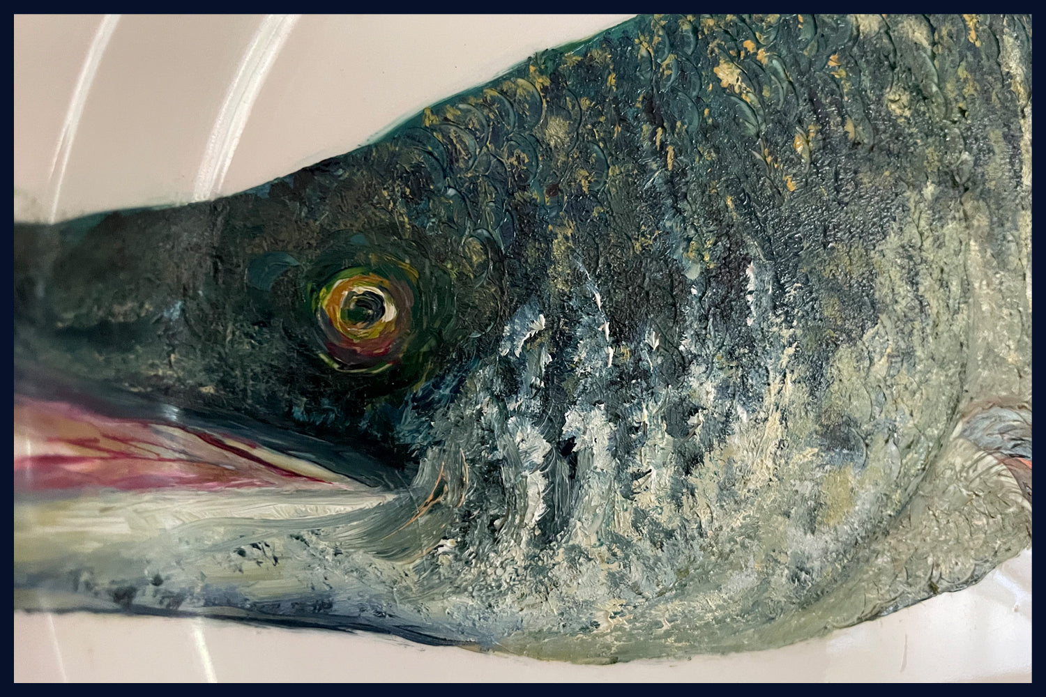 SOLD - Plated: original fine art oil painting on a large Art Deco platter - pike fish