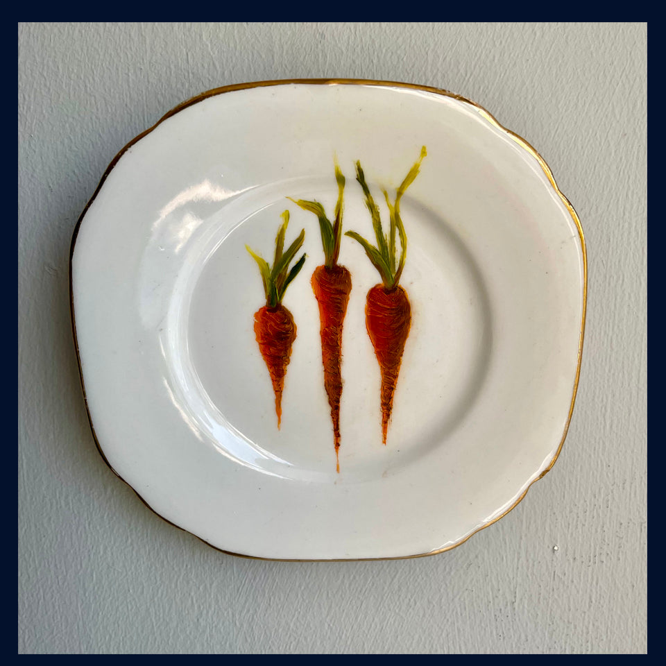Plated: original fine art oil painting on a tiny antique plate - baby carrots